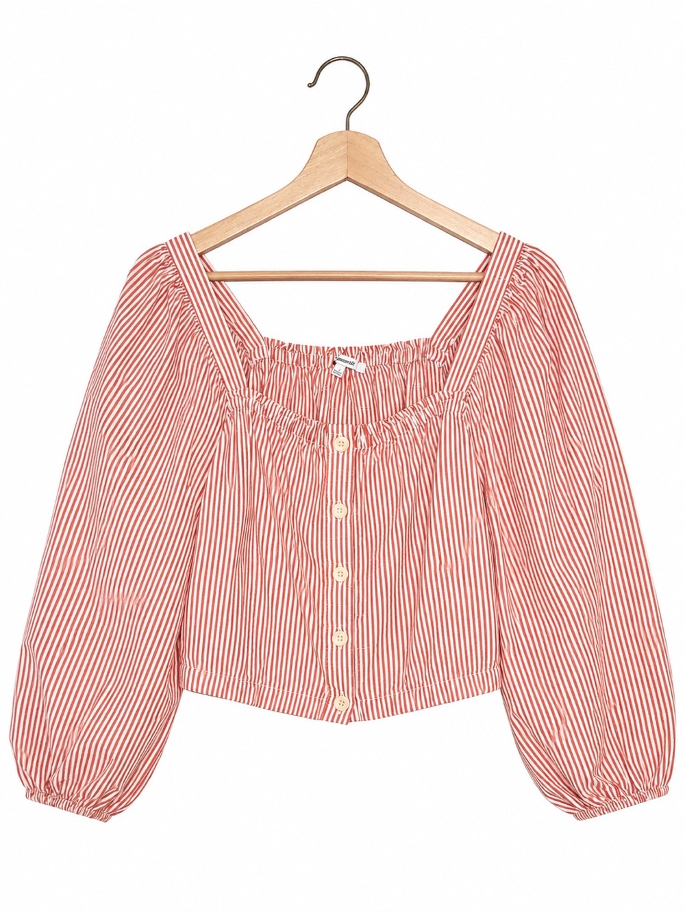 Madewell Coral Stripe Peasant Crop Top | Balloon Sleeve Boho Cottagecore Blouse - Picture 2 of 10
